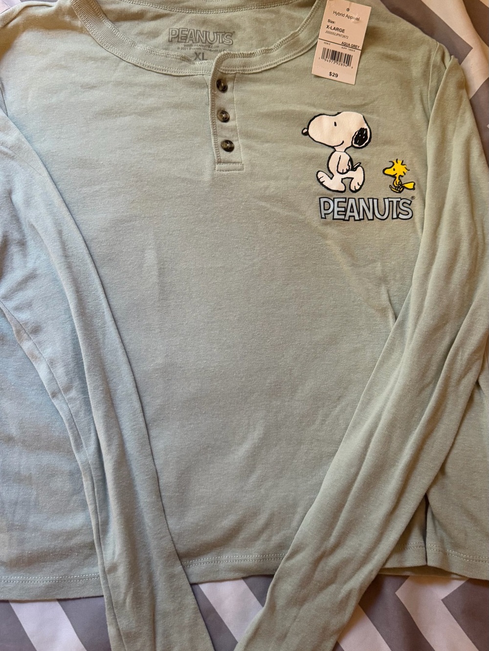 Peanuts Girls Long-Sleeve Henley Top in Light Mint with Snoopy & Woodstock